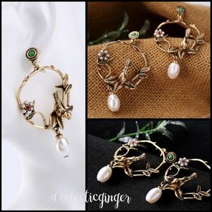 Bronze bird and pearl flower tree post back earrings
